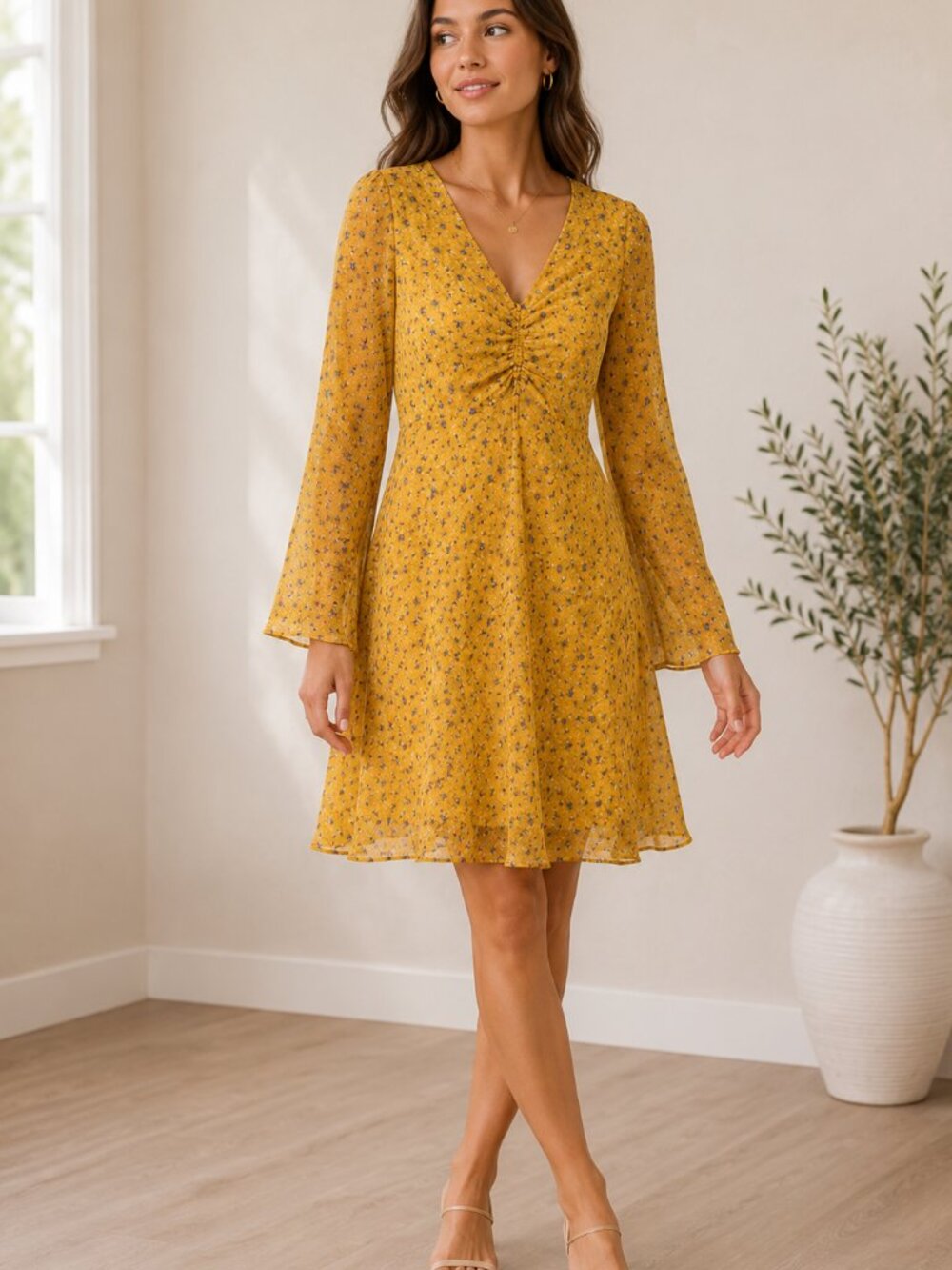 Maison Jules Women's Floral Dress 6 Mustard Button Front Cottagecore Mini